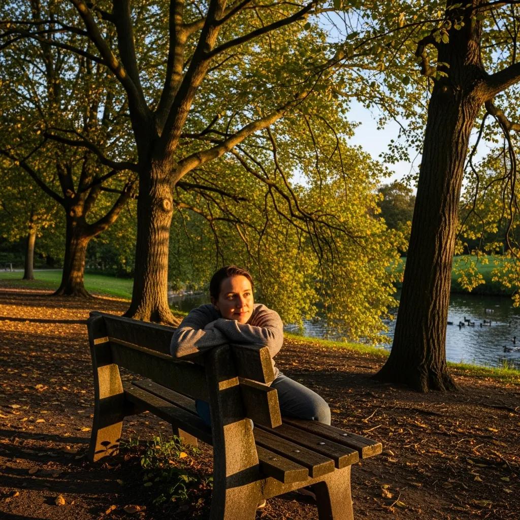 A person in a park, symbolizing contemplation and mental health awareness