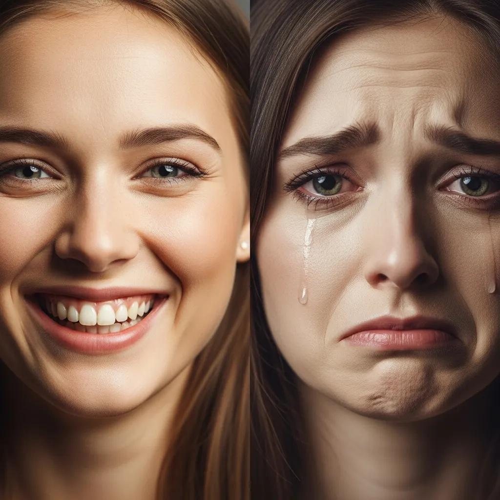 Contrasting faces representing the emotional extremes of bipolar disorder and BPD