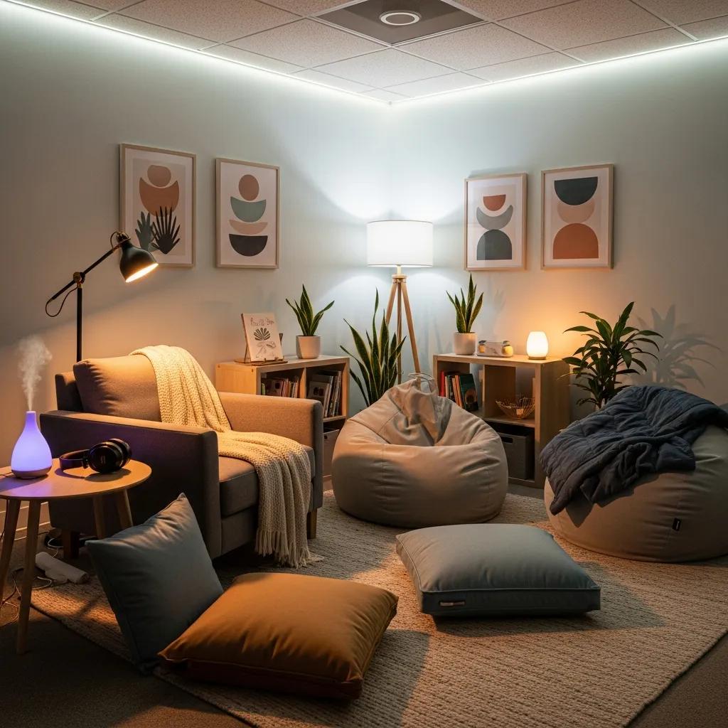 Cozy sensory-friendly room designed for relaxation, showcasing elements for managing anxiety and stress relief