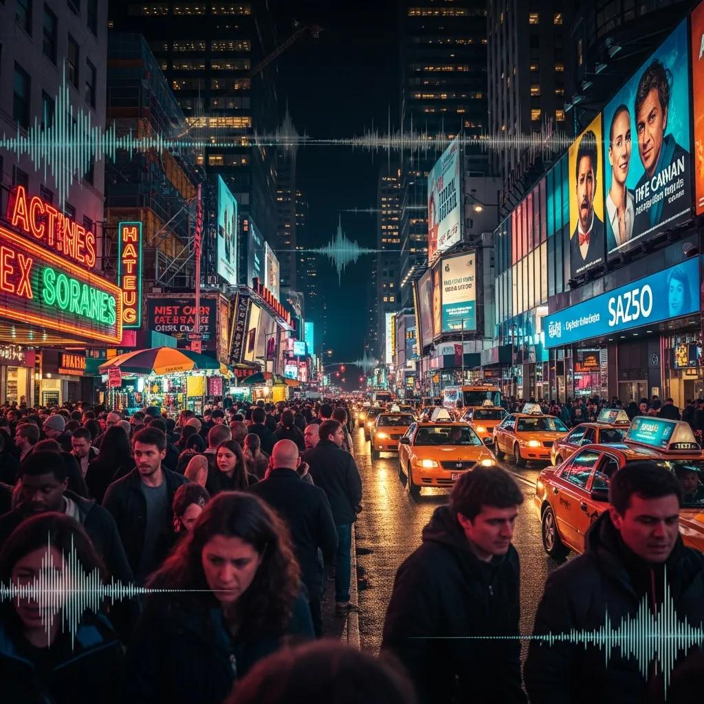 Crowded urban scene depicting sensory overload with bright lights and busy streets, illustrating anxiety triggers