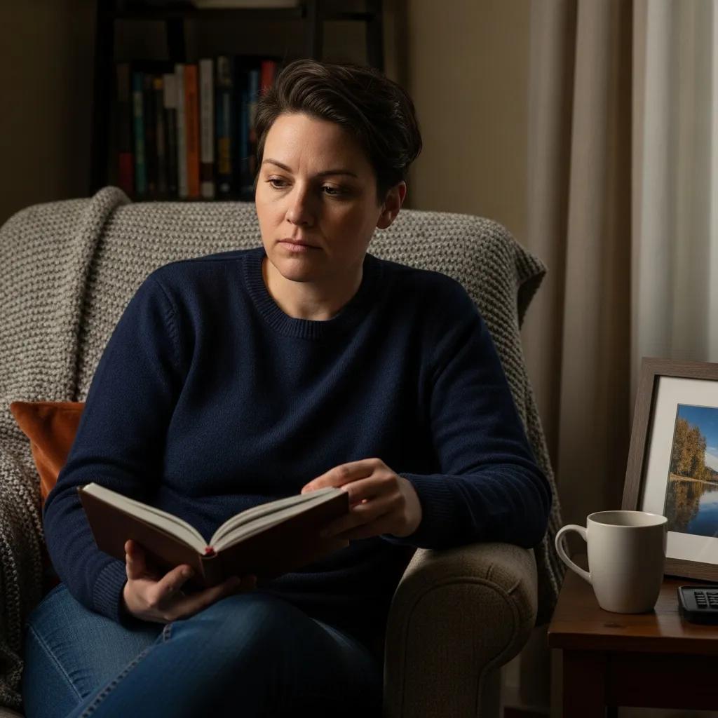 Individual reflecting on depression symptoms in a cozy living room setting