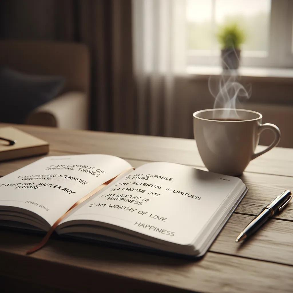 Open journal with positive affirmations, symbolizing daily practices for mental wellness