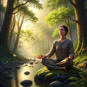 Person meditating in nature, representing calmness and relief from overstimulation and anxiety