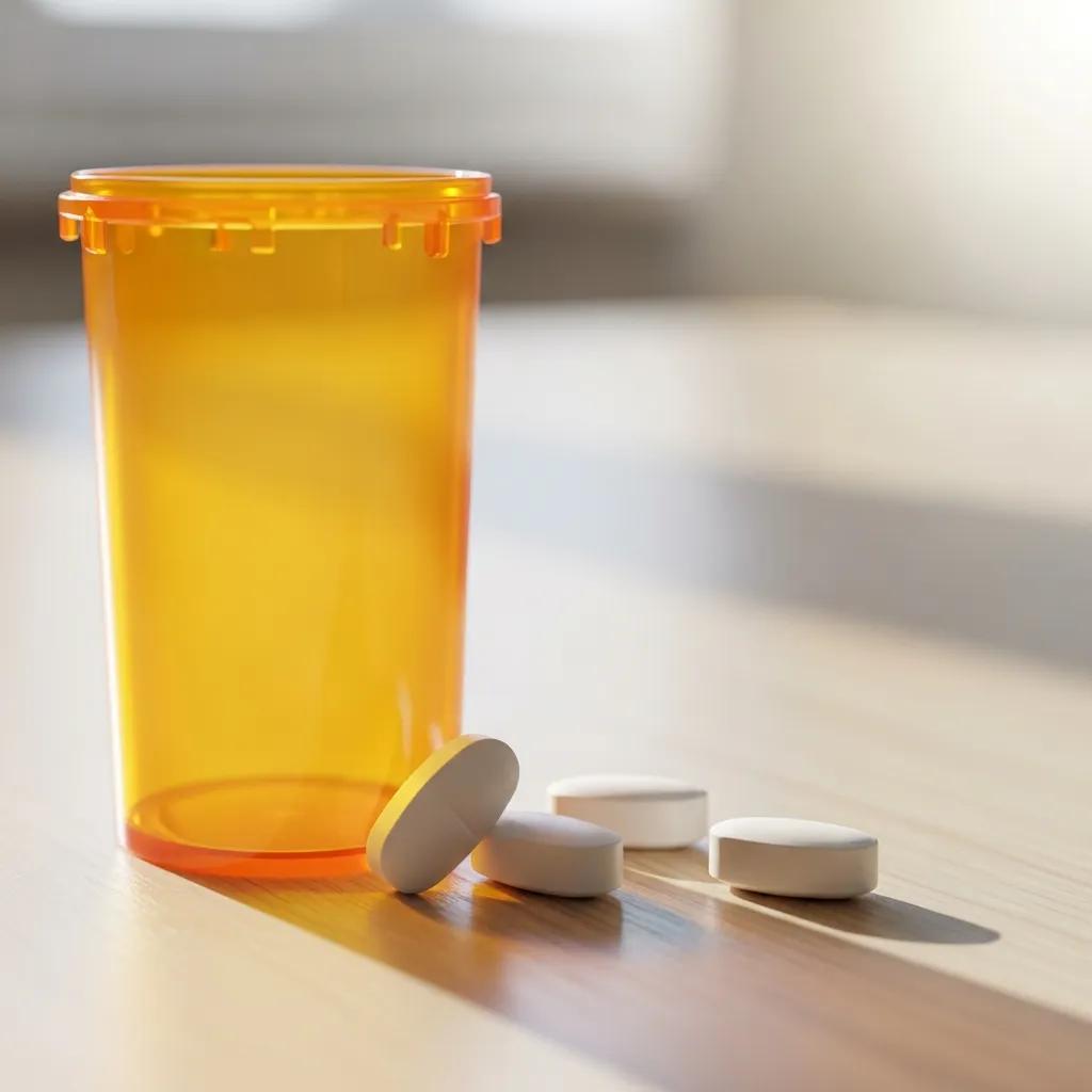 Prescription bottle of Xanax with pills on a clean table