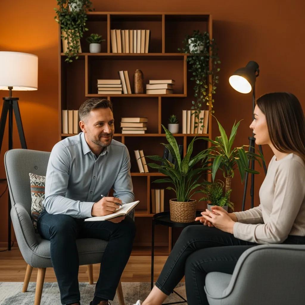 Therapist and client engaged in cognitive behavioral therapy session for social anxiety