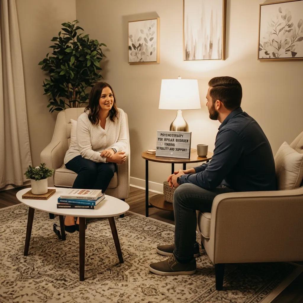 Therapist and client in a supportive therapy session, emphasizing the role of psychotherapy in bipolar disorder treatment